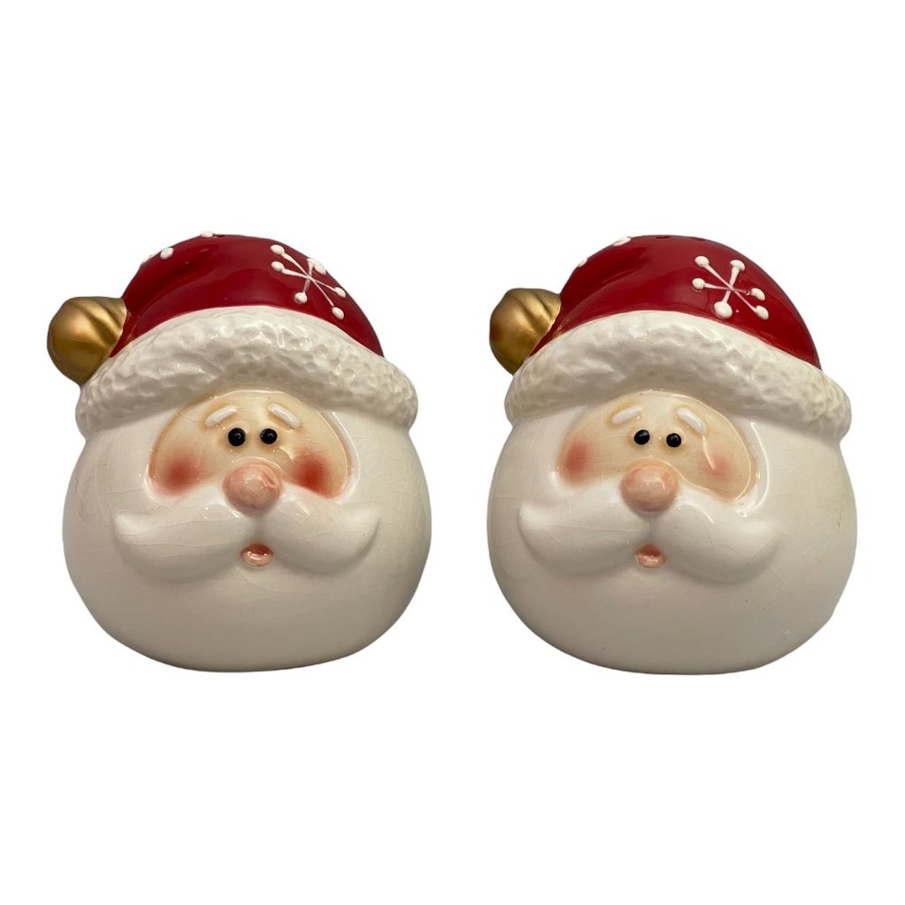 Vintage Ceramic Santa Face Salt and Pepper Shakers Snowflakes
